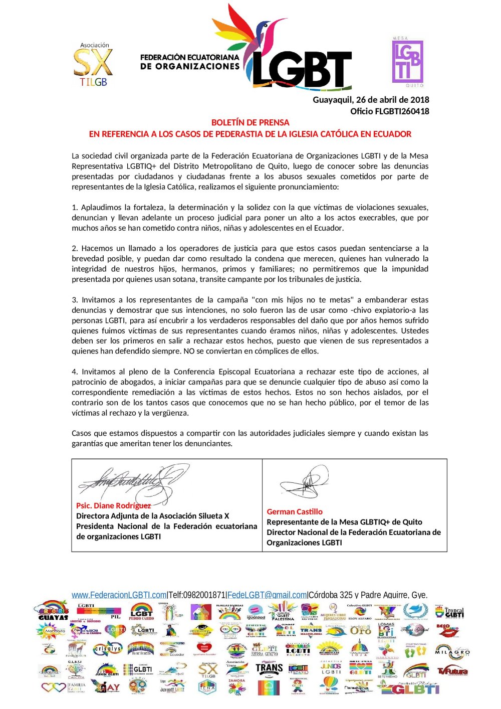 Boletín En referencia a los casos de pederastia de la iglesia católica en ecuador federacion lgbti diane rodriguez
