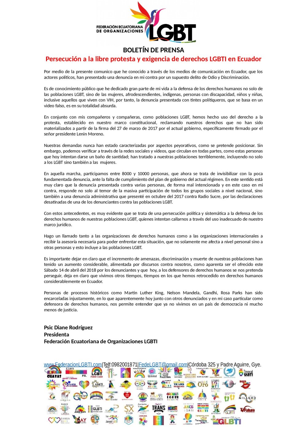 Persecución a la libre protesta y exigencia de derechos LGBTI en Ecuador - Judialización 2018 activistas Federación