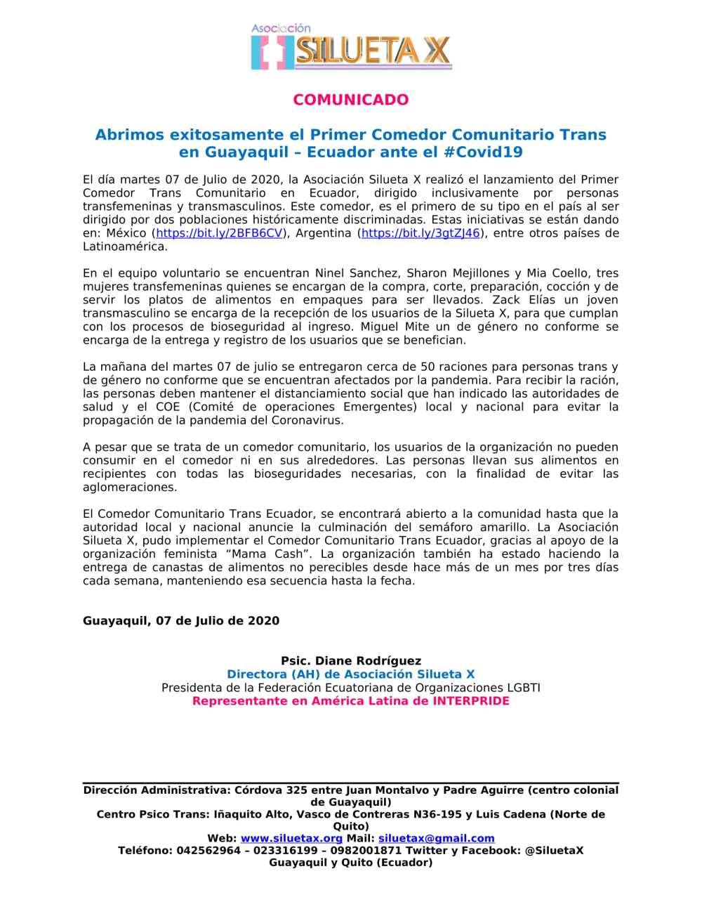 Boletín de Prensa - Abrimos exitosamente el Primer Comedor Comunitario Trans en Guayaquil – Ecuador ante el #Covid19 - Asociación Silueta X-1